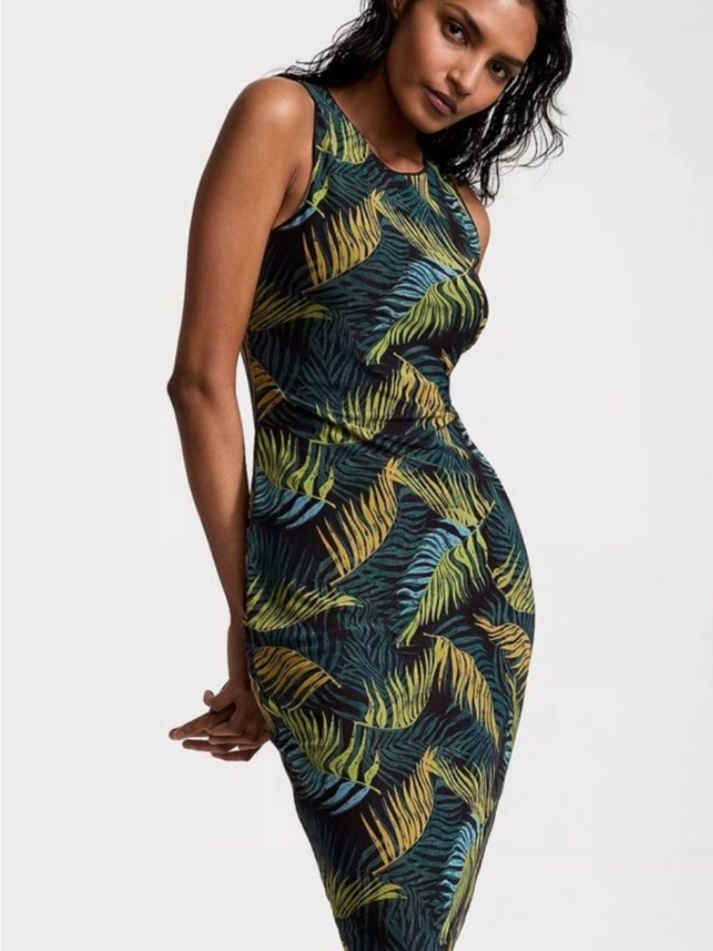 Victoria's Secret Tropical Leaf Sleeveless Dress in Black, Green & Blue